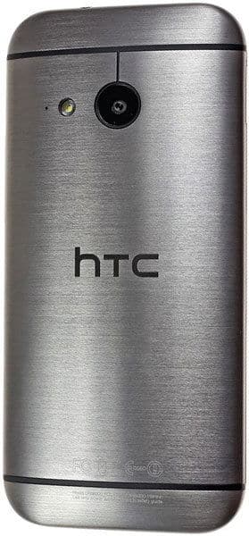 HTC One mini 2 rear view, showing brushed metal back with camera and HTC logo