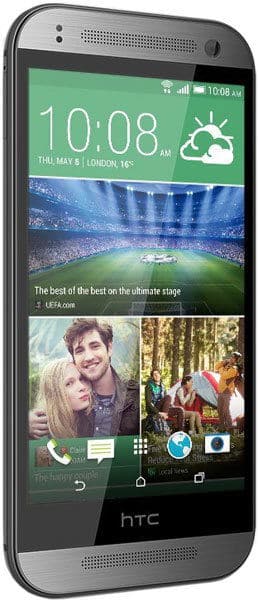 HTC One mini 2 front view with green weather widget, sports stadium image, and photo gallery on screen