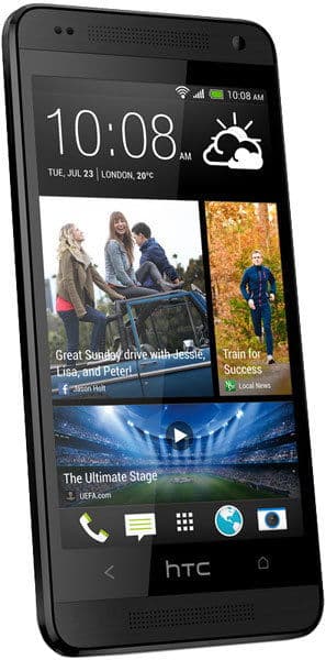 HTC One mini smartphone displaying home screen with widgets, photos, and applications