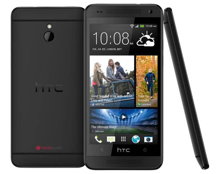 HTC One mini front, rear, and side views showing black phone with touchscreen displaying home screen and weather widget