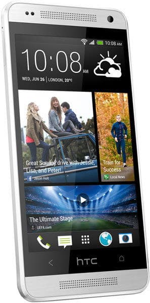 HTC One mini smartphone in white, front view, displaying home screen with weather, photos, and video content widgets