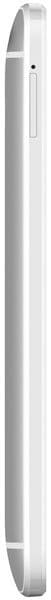 HTC One mini, side view, white smartphone with curved edges and volume controls visible along the spine