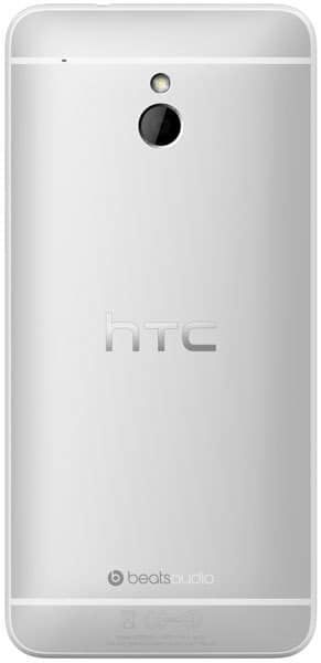 HTC One mini, rear view, showing silver metal back with camera lens and HTC branding