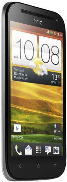 HTC One SV smartphone, front view, displaying home screen with time, weather, and app icons