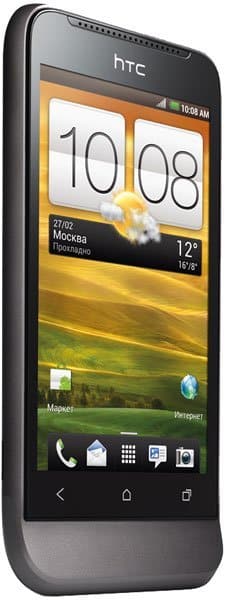 Front view of black HTC One V showing home screen, weather for Moscow at 12°C, 10:08 time, front camera, and touch buttons.