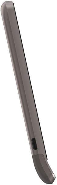 Side view of a slim, dark gray device with rounded edges and a black screen border, likely an HTC One V or tablet, on white.