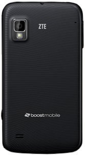 Rear view of black ZTE smartphone shows camera, flash, speaker, Boost Mobile logo, and textured case; resembles HTC One V.