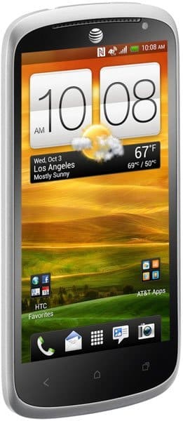 Front view of black HTC One VX shows home screen, 10:08 time, LA weather, app icons, and AT&T logo at the top.