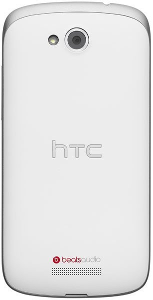 Rear view of white HTC One VX: rear camera with flash, centered HTC logo, and beatsaudio branding above speaker grille.
