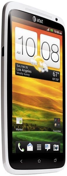 Front view of a white HTC One X showing home screen, 10:08 time, Los Angeles weather, app icons, and AT&T logo at the top.