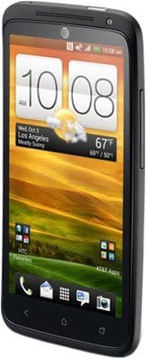 HTC One X+ smartphone displayed at an angle, showing its front screen with time, weather, and home screen icons