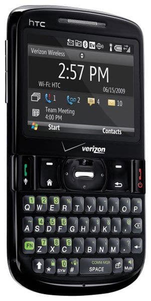 HTC Ozone front view, black smartphone with screen displaying 2:57 PM and QWERTY keyboard below