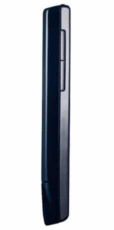 Side view of closed black HTC Pure-style flip phone with hinge and side buttons visible on a white background.