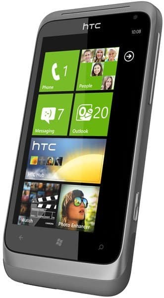 HTC Radar 4G front view, displaying Windows Phone home screen with green tiles for Phone, People, Messaging, and Outlook apps