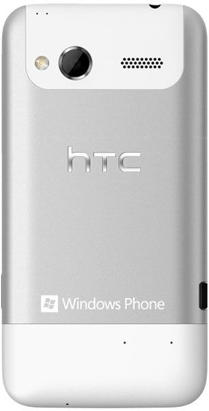 HTC Radar 4G rear view, white smartphone with camera lens and speaker grille visible
