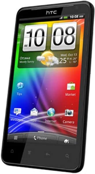 HTC Raider 4G smartphone displayed front-on, showing colorful home screen with time 10:08, weather widget, and app icons