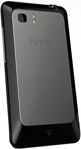 HTC Raider 4G rear view, showing dark casing with gray back panel and dual camera lens