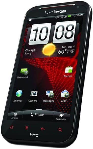 HTC Rezound in black with Verizon logo, angled front view showing screen on with time 10:08, date, weather, and app icons.