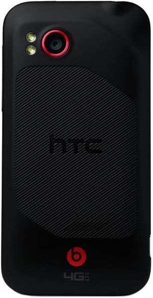 Rear view of black HTC Rezound showing dual LED camera, textured back, HTC logo, red Beats Audio mark, and 4G LTE branding.