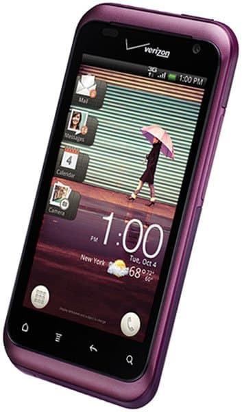 Front view of a purple HTC Rhyme Verizon showing home screen at 1:00 PM, with widgets and umbrella walk wallpaper.