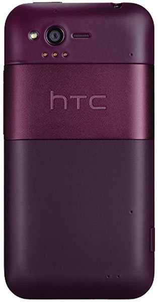 Rear view of a purple HTC Rhyme showing the HTC logo, camera lens, flash, and speaker.