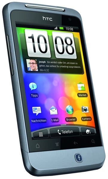 HTC Salsa front view with colorful home screen displaying time, icons, and apps on blue-gray phone body