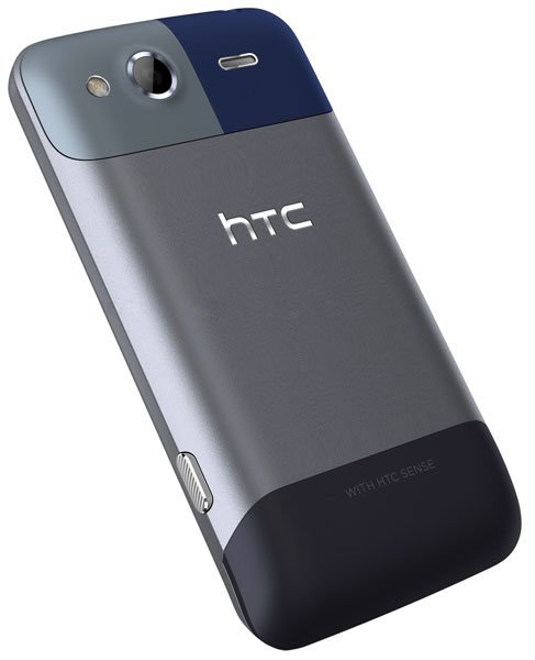 HTC Salsa rear view, gray and blue phone with camera lens and HTC branding visible