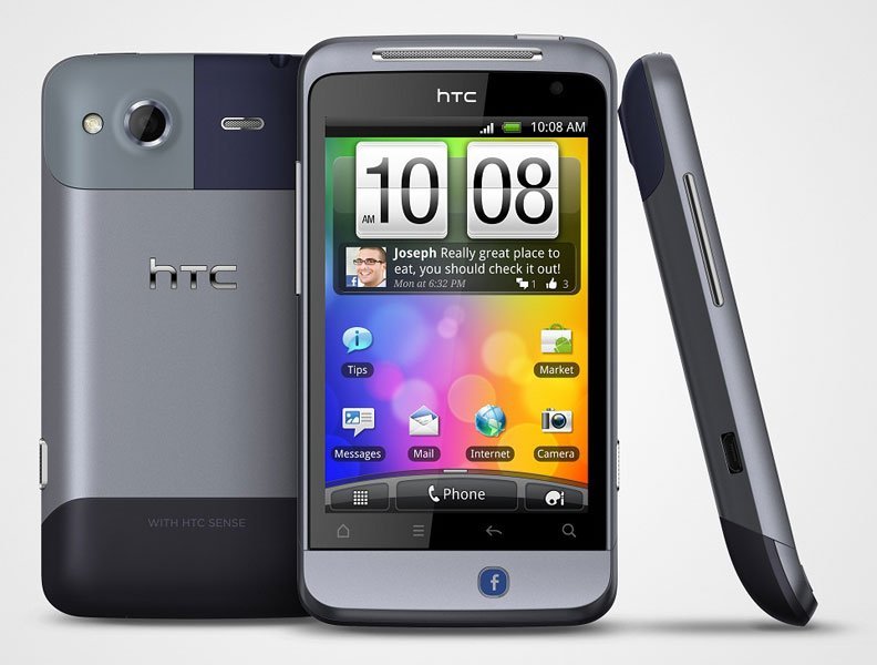 HTC Salsa smartphone shown from front, back, and side angles, displaying home screen with time 10:08 AM and colorful app icons