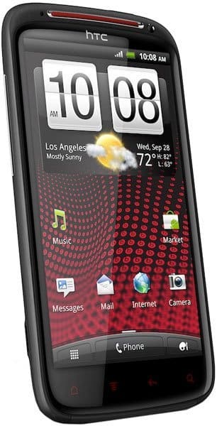 HTC Sensation XE front view, black smartphone with 10:08 clock display, weather widget, and home screen apps including Music, Messages, Mail, Internet, Market, and Camera