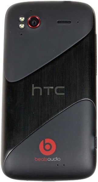 HTC Sensation XE rear view, black with gray panels, red camera ring, and Beats Audio logo