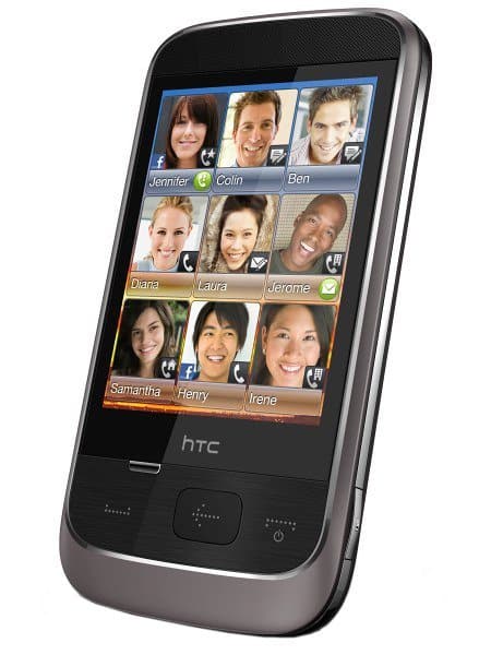 HTC Smart phone front view, displaying contacts grid with nine people's photos and names on screen