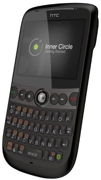 HTC Snap front view with slide-out QWERTY keyboard and touchscreen displaying Inner Circle app