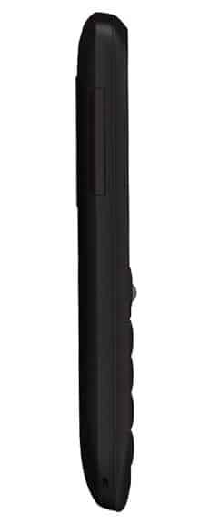 HTC Snap phone, side view, black candybar-style device with vertical ribbed texture