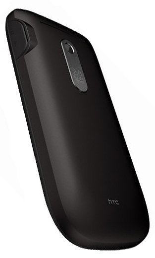 HTC Snap rear view, black candybar phone with camera lens and HTC logo visible