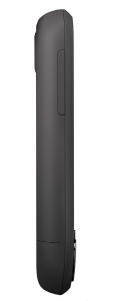 Side view of a black, rectangular phone resembling the HTC Tattoo, single side button, smooth matte finish.