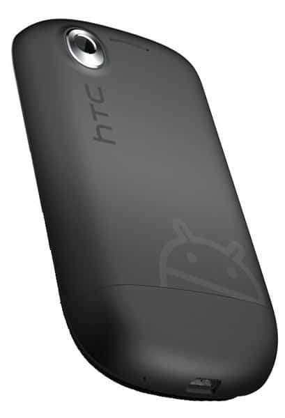 Rear view of matte black HTC Tattoo with top left camera lens, and engraved HTC and Android logos on the back cover.