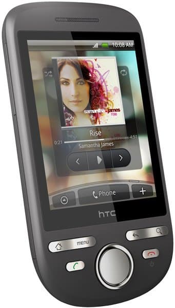 Front view of black HTC Tattoo showing music player for "Rise" by Samantha James; physical and circular nav buttons visible.