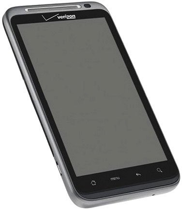 Front angled view of Verizon HTC ThunderBolt with black screen, front camera, and four physical buttons below the display.