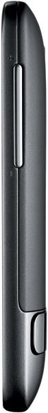 Close-up side view of a black flip phone, highlighting hinge, and silver side button or volume rocker, HTC ThunderBolt style.