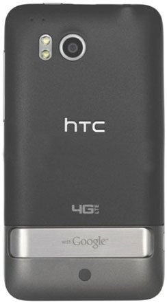 Rear view of black HTC ThunderBolt showing camera with flash, HTC logo, 4G LTE text, and "with Google" silver panel at bottom.