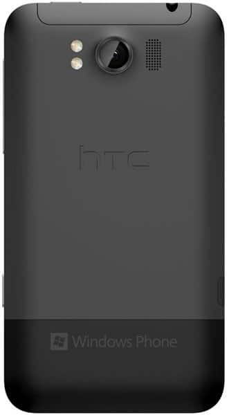 HTC Titan rear view, black smartphone with camera lens and Windows Phone logo visible