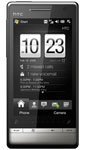 HTC Touch Diamond 2 front view showing flip-style display with time and widgets on black screen