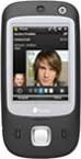 Front view of black and silver HTC Touch Dual showing contact profile on screen, two buttons and nav pad below display.