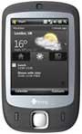 HTC Touch P3450 smartphone shown from the front, displaying weather app on screen with physical keyboard below