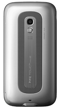 Rear view of HTC Touch Pro2 shows silver finish, camera, flash, speaker, and branding on a central textured stripe.
