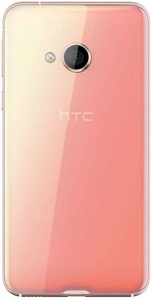 Rear view of HTC U Play in gradient pink-peach finish, showing single rear camera with flash and centered HTC logo.