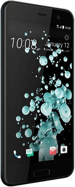 Front view of black HTC U Play showing time 10:08, date Jan 12, blue bubbles wallpaper, and app icons at the bottom.