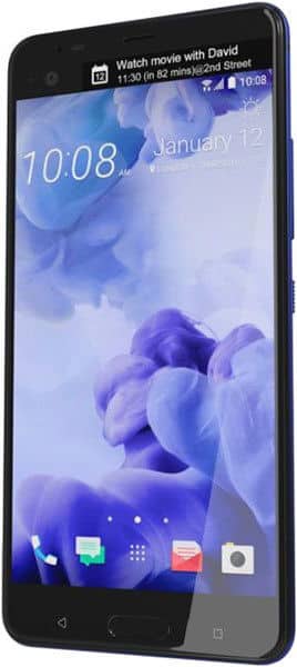 HTC U Ultra front view displaying home screen with blue floral wallpaper and time 10:08, January 12