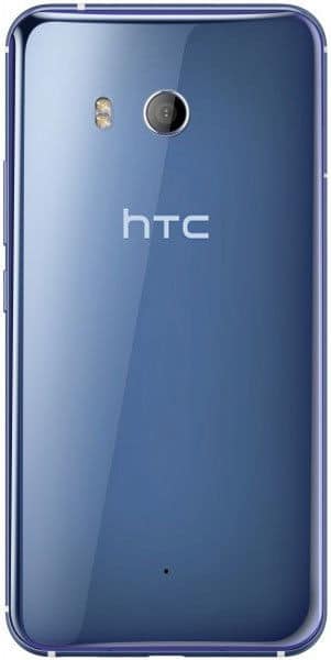 HTC U11 rear view, showing blue glass back with camera and flash, HTC branding centered