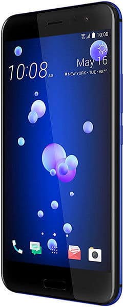 HTC U11 front view with blue display showing time, date, and app icons along the bottom